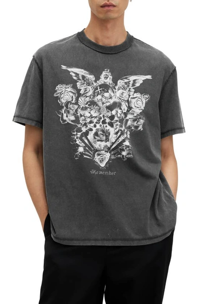 Allsaints Covenant Gothic Printed Crew Neck T-shirt In Washed Black