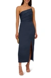 Adrianna Papell Asymmetrical Neck One Shoulder Crepe Gown In Dark Navy In Dark Navy