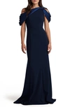 Tadashi Shoji Carlene Shoulder Drape Gown In Navy