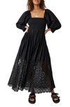 Free People Perfect Storm Smocked Eyelet Long Sleeve Maxi Dress In Black