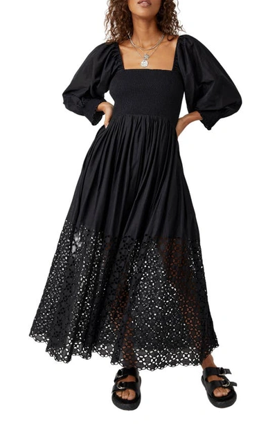 FREE PEOPLE PERFECT STORM SMOCKED EYELET LONG SLEEVE MAXI DRESS