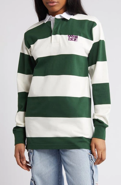Yowie Rugby Stripe Long Sleeve Cotton Polo In Green