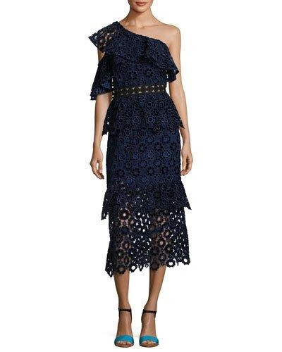 Self-portrait One-shoulder Tiered Floral-lace Midi Dress In Navy-white