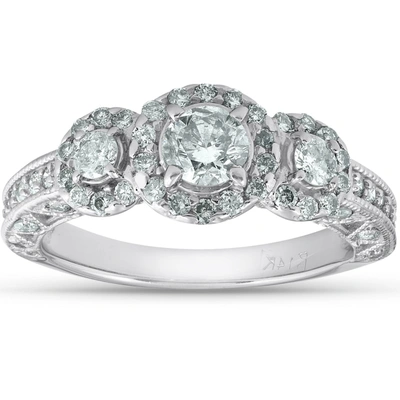 Pompeii3 1 1/4ct 3-stone Vintage Diamond Halo Engagement Ring 14k White Gold In Silver