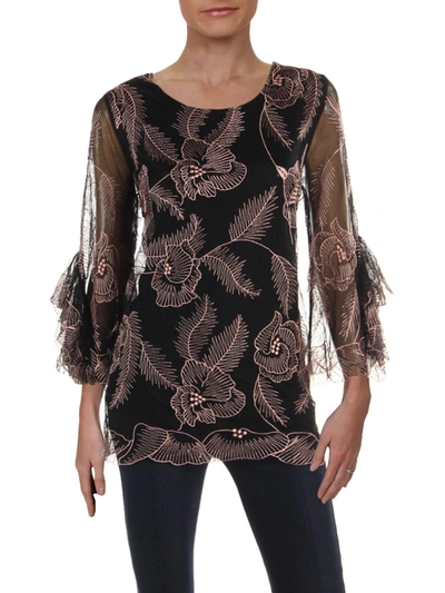 Alfani Womens Embroidered Ruffled Blouse In Brown