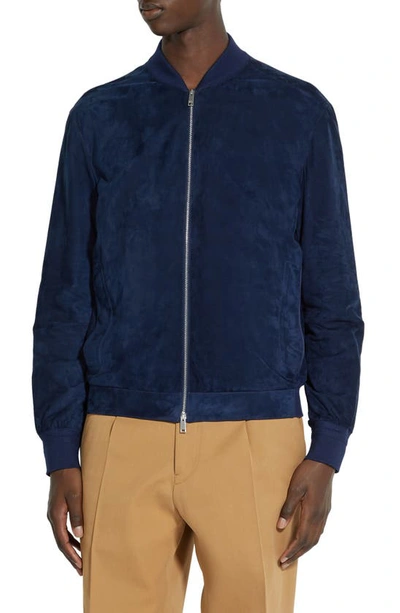 Zegna Suede Bomber Jacket In Utility Blue