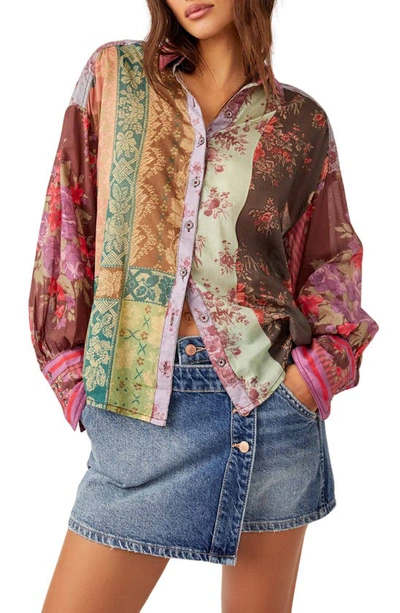 FREE PEOPLE FLOWER PATCH MIXED PRINT COTTON BUTTON-UP SHIRT
