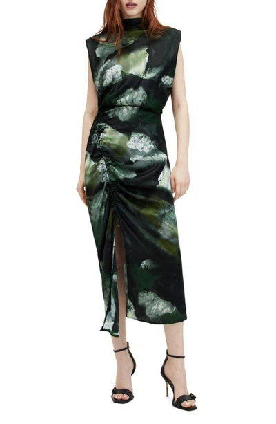 Allsaints Isa Silk Blend Camo Print Midi Dress In Khaki Green