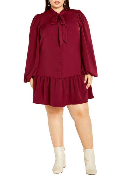City Chic Charlie Long Sleeve Shirtdress In Ruby