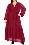 City Chic Charlie Long Sleeve Faux Wrap Maxi Dress In Red