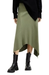 Allsaints Gia Ribbed Asymmetric Midi Skirt In Grass Green