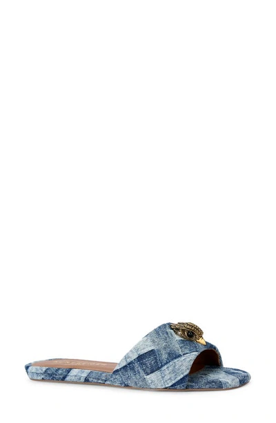 Kurt Geiger Women's Kensington Square Toe Crystal Eagle Head Blue Slide Sandals In Denim