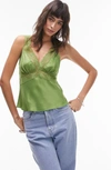 Topshop Contrast Lace Trim Cami Top In Green