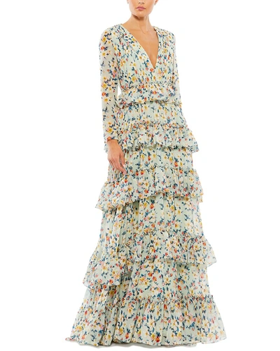 Mac Duggal Floral Printed Tiered Ruffle Long Sleeve Gown In Multi