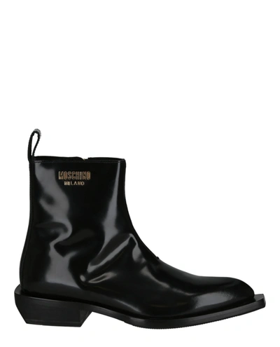 Moschino Gold Lettering Logo Ankle Boots In Black