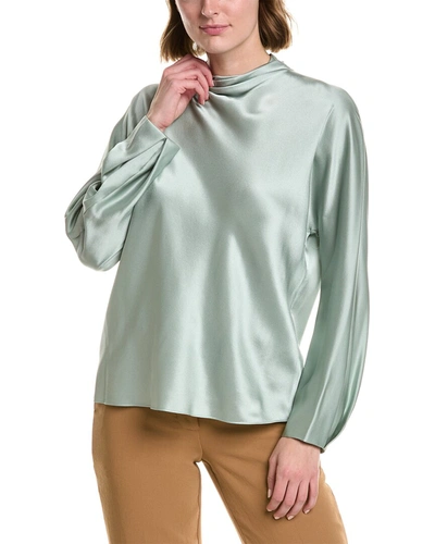 Vince Draped Funnel Neck Silk Blouse In Green