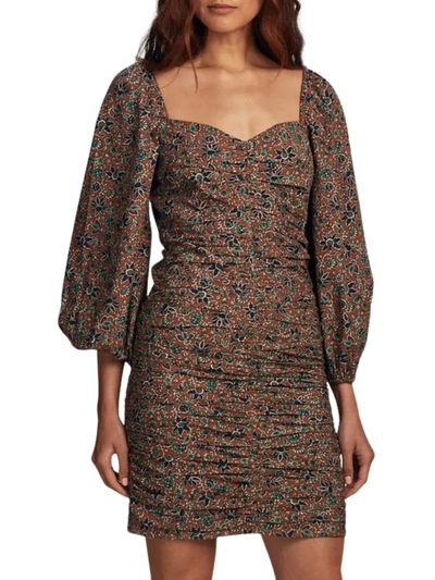 Veronica Beard Nadi Ruched Floral-print Cotton Mini Dress In Brown