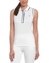 ORIGINAL PENGUIN NAVY PIPING SLEEVELESS POLO SHIRT IN BRIGHT WHITE