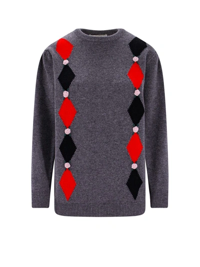 Alessandra Rich Diamond Knitted Jumper With Embrodery In Grey