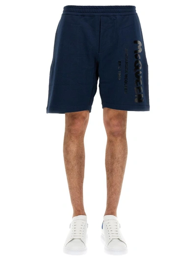 Alexander Mcqueen Bermuda Shorts With Graffiti Logo Print In Blue