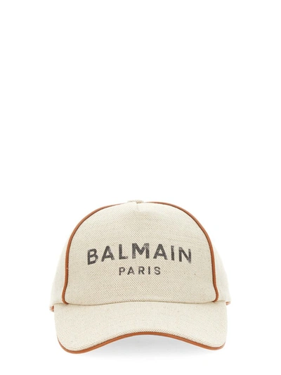 Balmain Baseball Hat With Logo In Beige