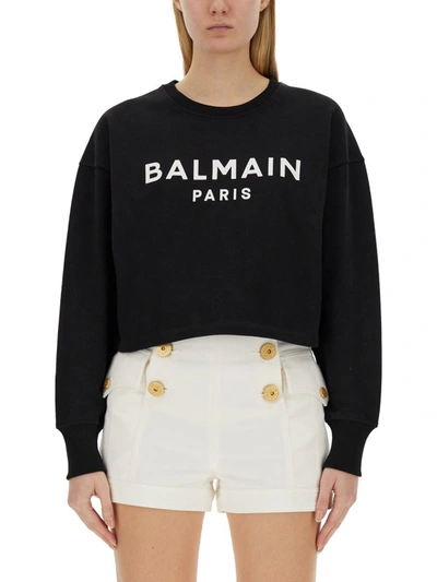 Balmain Logo Cotton Sweatshirt In Black