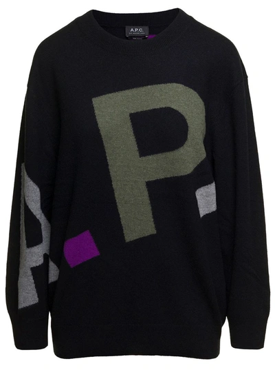 APC BLACK CREWNECK SWEATER WITH ALL-OVER MULTICOLOR LOGO IN WOOL WOMAN