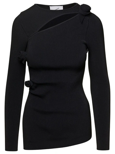 COPERNI BLACK RIBBED TOP WITH CUT-OUT AND ROSE APPLIQUES IN STRETCH VISCOSE WOMAN