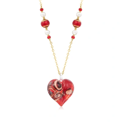 Ross-simons Italian Red Murano Glass Heart Necklace With 6-7mm Cultured Pearls In 18kt Gold Over Sterling