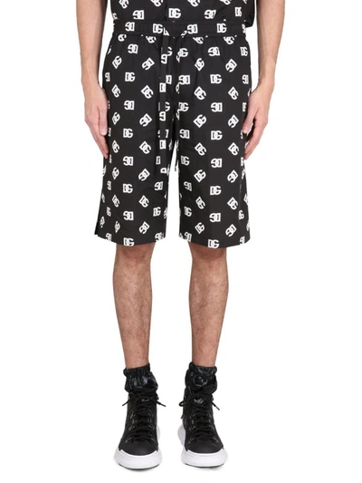 Dolce & Gabbana Cotton Jogging Shorts With Dg Monogram Print In Black,white