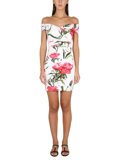 Dolce & Gabbana Draped Carnation-print Poplin Dress In White