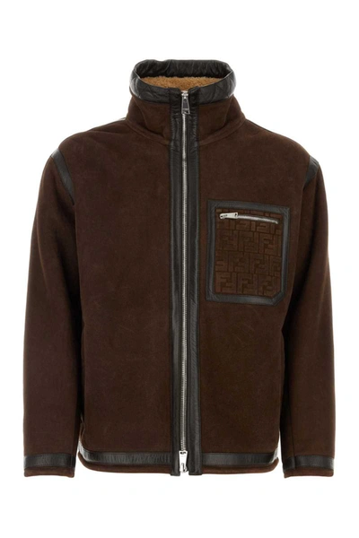 Fendi Luxurious Monochrome High Neck Oversized Zip-up Jacket For Men In Brown