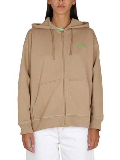 Ganni Logo-embroidered Hoodie In Beige