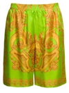 VERSACE GREEN AND GOLD SHORTS WITH ALL-OVER BARROCCO PRINT IN SILK MAN