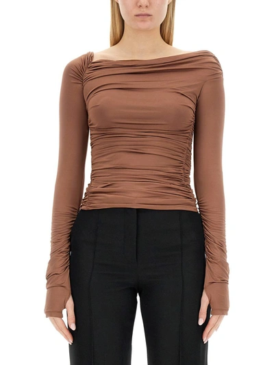 Helmut Lang Shirred One Shoulder Top In Beige