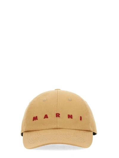 Marni Logo刺绣棉棒球帽 In Beige