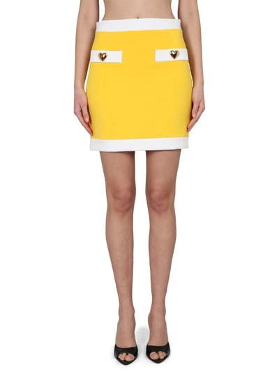 Moschino Heart Buttons Crepe Miniskirt In Yellow
