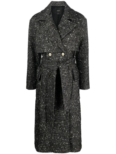 Pinko Belted Double-breasted Coat In Black