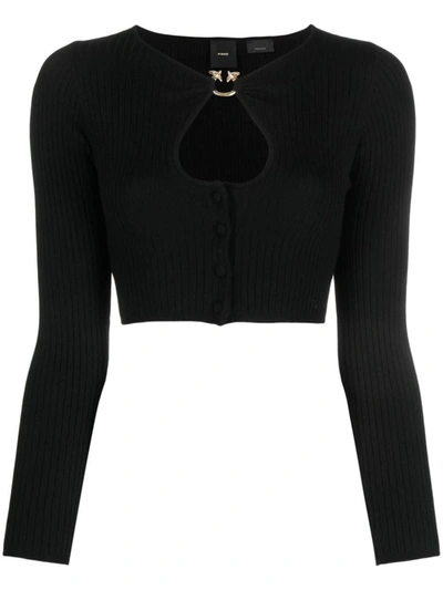 Pinko Cut-out Ribbed-knit Cropped Cardigan In Black