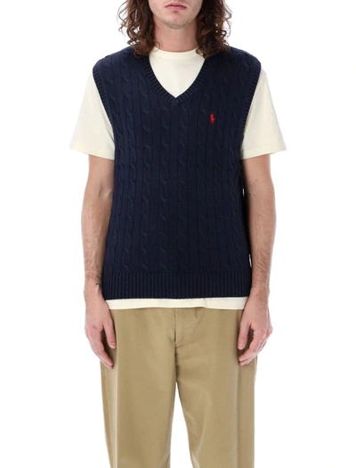 Polo Ralph Lauren Cable-knit Cotton Jumper Waistcoat In Navy