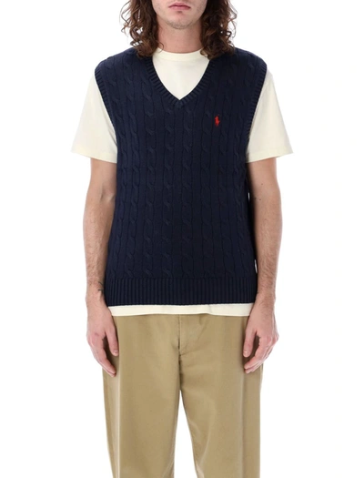 Polo Ralph Lauren Pony 图案粗绞花针织马甲 In Navy