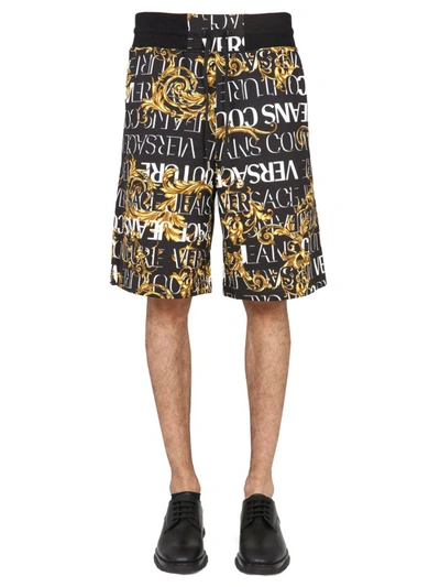 Versace Jeans Couture Logo Print Cotton Shorts In Black Gold