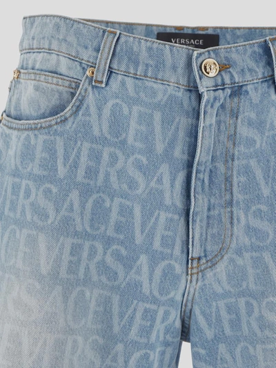 Versace Logo-print Denim Shorts In Light Blue