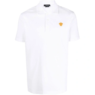 Versace Medusa Logo Embroidered Short-sleeved Polo Shirt In White