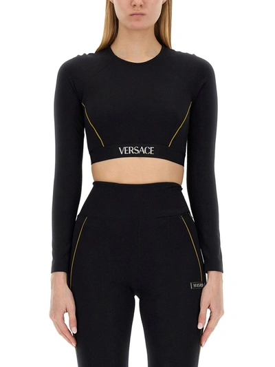 Versace Logo-print Crop Top In Nero