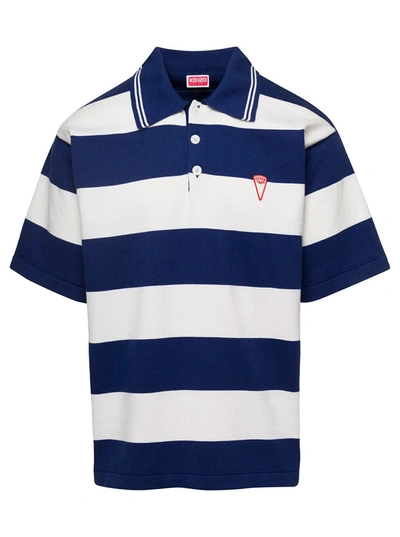 KENZO WHITE AND BLUE OVERSIZE STRIPED POLO T-SHIRT IN COTTON MAN