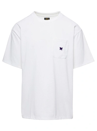 Needles White Crewneck T-shirt With Logo Patch And Chest Pocket In Jersey Man