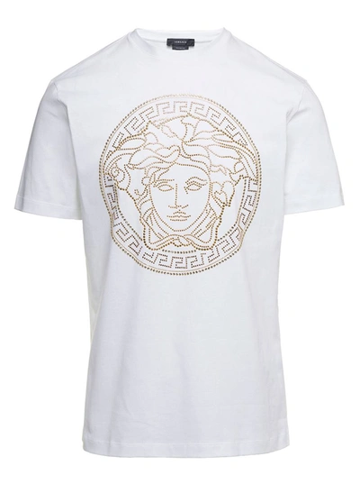 VERSACE WHITE CREWNECK T-SHIRT WITH STUDDED MEDUSA IN COTTON MAN