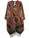 Woolrich Ikat-print Fringed Wool-blend Cape In Green