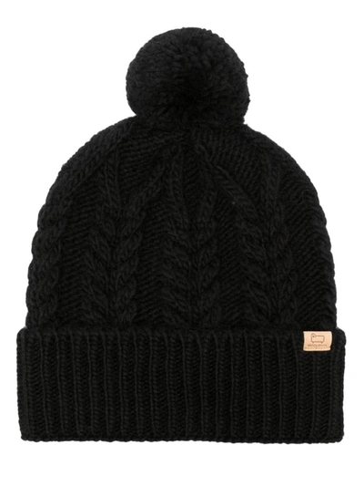 Woolrich Cable Pom Pom Beanie Wool And Alpaca Cap In Black